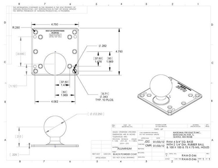 RAM Mount RAM-D-246U kwadratowa podstawa 4.75 cala (4 x 75 mm) (4 x 100 mm) VESA z kulą o średnicy 5.72 cm